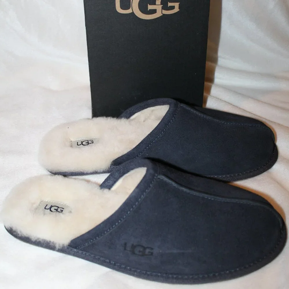 NIB UGG SCUFF SUEDE‎ SHEARLING MEN'S HOUSE SLIP ON SLIPPERS NAVY BLUE